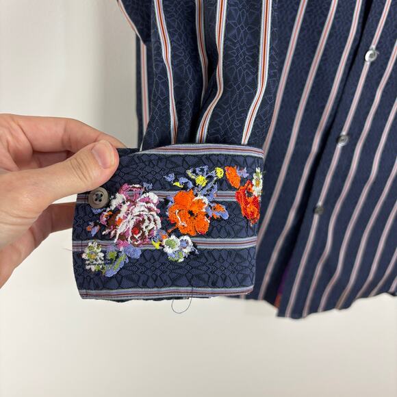 Robert Graham Flip Cuff Floral Embroidered Blue Striped Button Shirt XL cotton - Picture 5 of 11